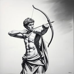 A striking black and white acrylic painting of a focused figure of David, drawn in a classical style, aiming with a bow and arrow