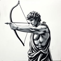 A striking black and white acrylic painting of a focused figure of David, drawn in a classical style, aiming with a bow and arrow