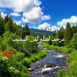 A beautiful nature background featuring lush green forests and vibrant wildflowers, with a serene river flowing gently through the scene