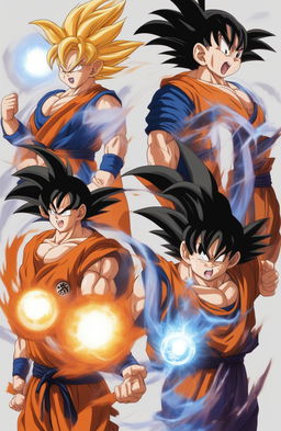 A digital art image showing four versions of Goku from Dragonball, each preparing to unleash a Spirit Bomb