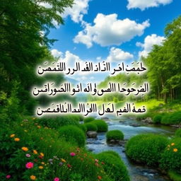 A beautiful nature background featuring lush green forests and vibrant wildflowers, with a serene river flowing gently through the scene