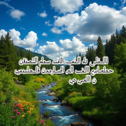 A beautiful nature background featuring lush green forests and vibrant wildflowers, with a serene river flowing gently through the scene