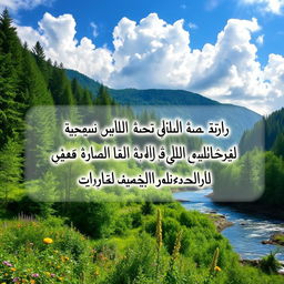 A beautiful nature background featuring lush green forests and vibrant wildflowers, with a serene river flowing gently through the scene