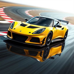 A sleek and sporty Lotus Emira GT4 styled car featuring a prominent splitter in the front, an aggressive rear wing, and a stylishly louvred bonnet