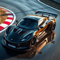 A sleek and sporty Lotus Emira GT4 styled car featuring a prominent splitter in the front, an aggressive rear wing, and a stylishly louvred bonnet