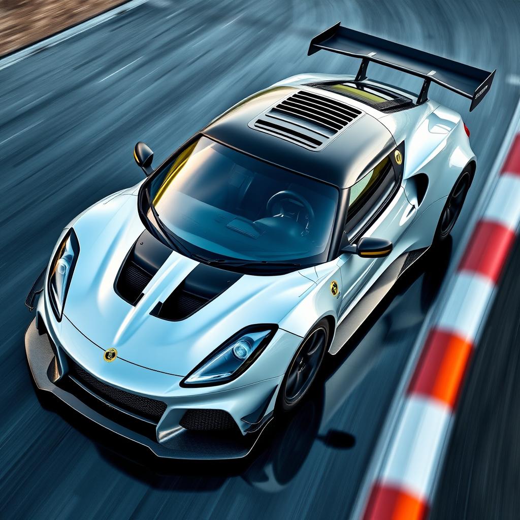 A sleek and sporty Lotus Emira GT4 styled car featuring a prominent splitter in the front, an aggressive rear wing, and a stylishly louvred bonnet