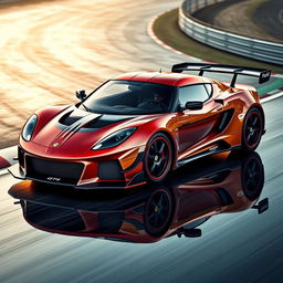 A sleek and sporty Lotus Emira GT4 styled car featuring a prominent splitter in the front, an aggressive rear wing, and a stylishly louvred bonnet