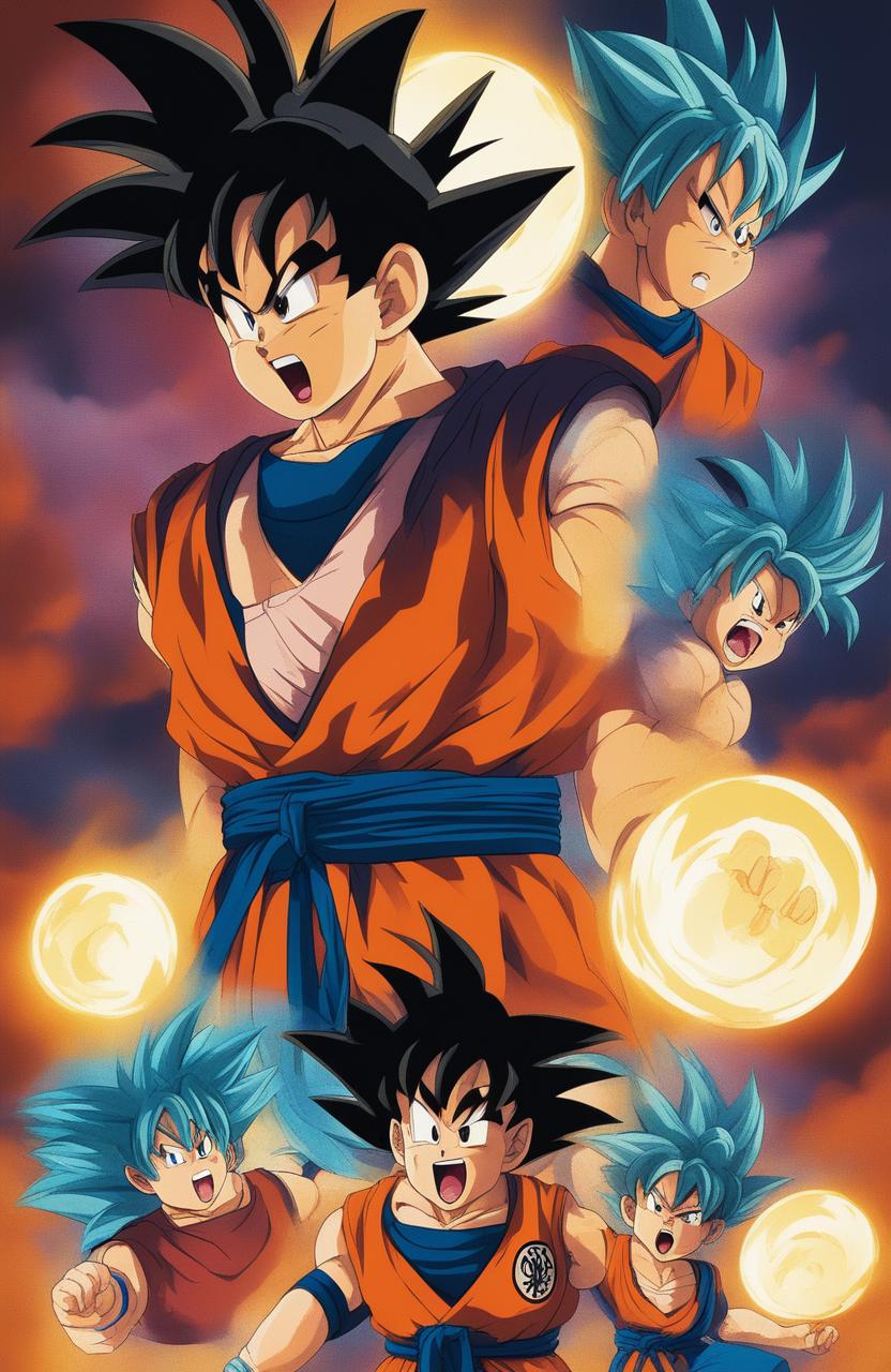 A digital art image showing four versions of Goku from Dragonball, each preparing to unleash a Spirit Bomb