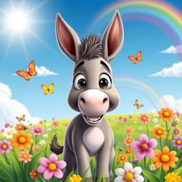 A playful and artistic depiction of a cartoon-style donkey, standing in a vibrant green field with colorful flowers blooming all around