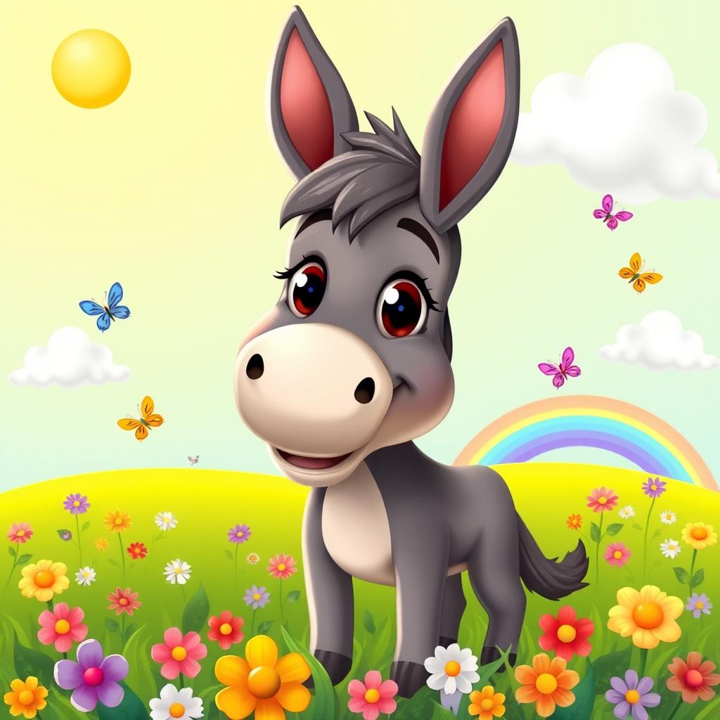 A playful and artistic depiction of a cartoon-style donkey, standing in a vibrant green field with colorful flowers blooming all around