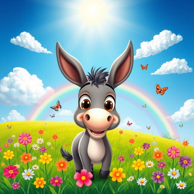 A playful and artistic depiction of a cartoon-style donkey, standing in a vibrant green field with colorful flowers blooming all around