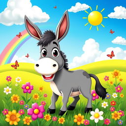 A playful and artistic depiction of a cartoon-style donkey, standing in a vibrant green field with colorful flowers blooming all around