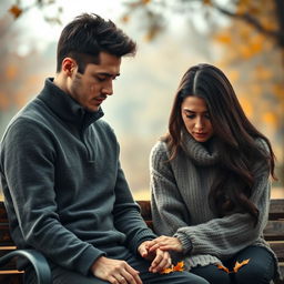 A heart-wrenching scene depicting a sad husband and wife sitting on a park bench