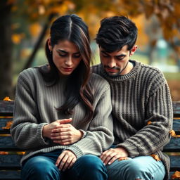 A heart-wrenching scene depicting a sad husband and wife sitting on a park bench