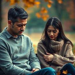 A heart-wrenching scene depicting a sad husband and wife sitting on a park bench