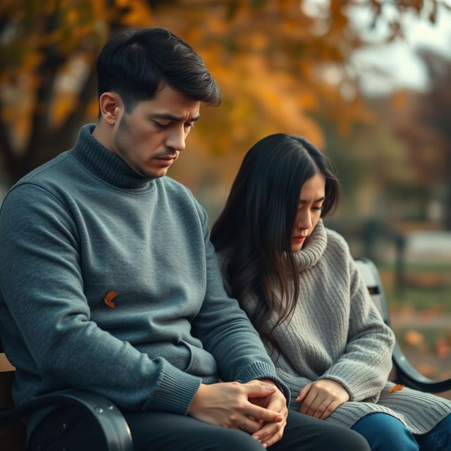 A heart-wrenching scene depicting a sad husband and wife sitting on a park bench