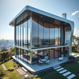 A futuristic house inspired by Iron Man's high-tech aesthetic, featuring sleek and smooth lines, metallic surfaces, and large glass windows