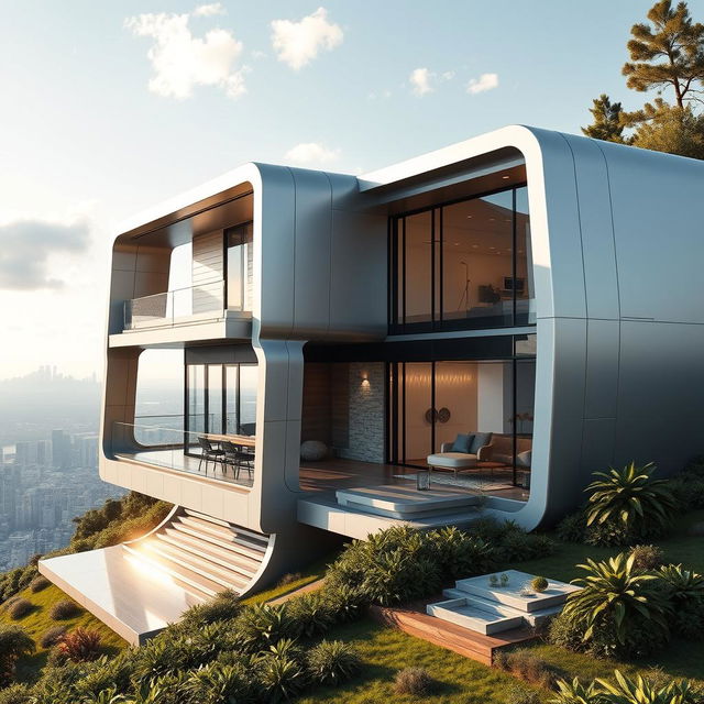 A futuristic house inspired by Iron Man's high-tech aesthetic, featuring sleek and smooth lines, metallic surfaces, and large glass windows