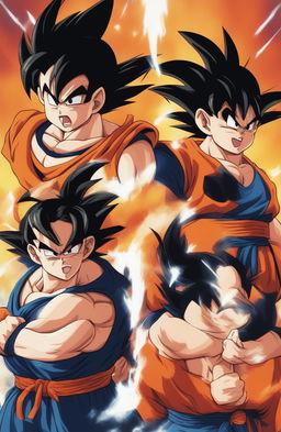 A digital art image showing four versions of Goku from Dragonball, each preparing to unleash a Spirit Bomb