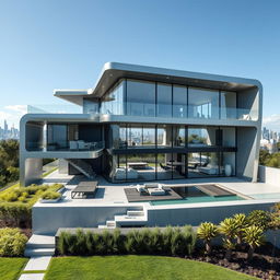 A futuristic house inspired by Iron Man's high-tech aesthetic, featuring sleek and smooth lines, metallic surfaces, and large glass windows