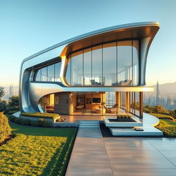 A futuristic house inspired by Iron Man's high-tech aesthetic, featuring sleek and smooth lines, metallic surfaces, and large glass windows
