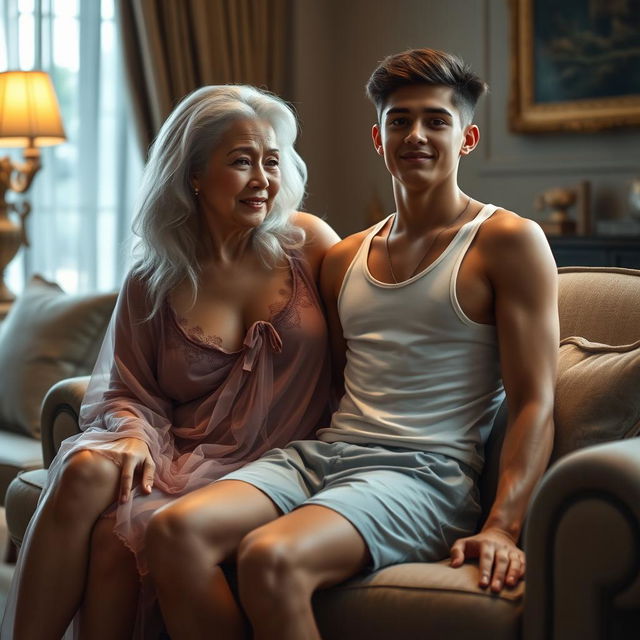 An elderly Asian woman, around 60 years old, with long, white, gray hair, voluptuous figure with large breasts and a small waist, wearing a sheer sexy nightgown, sitting seductively on the lap of an 18-year-old young man who is wearing short pants and a tank top