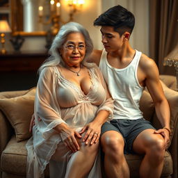 An elderly Asian woman, around 60 years old, with long, white, gray hair, voluptuous figure with large breasts and a small waist, wearing a sheer sexy nightgown, sitting seductively on the lap of an 18-year-old young man who is wearing short pants and a tank top
