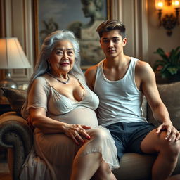 An elderly Asian woman, around 60 years old, with long, white, gray hair, voluptuous figure with large breasts and a small waist, wearing a sheer sexy nightgown, sitting seductively on the lap of an 18-year-old young man who is wearing short pants and a tank top