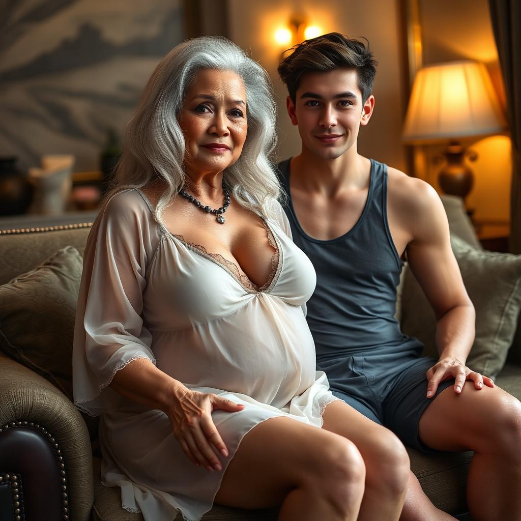 An elderly Asian woman, around 60 years old, with long, white, gray hair, voluptuous figure with large breasts and a small waist, wearing a sheer sexy nightgown, sitting seductively on the lap of an 18-year-old young man who is wearing short pants and a tank top