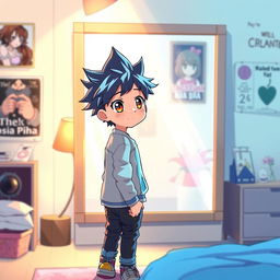 An anime-style illustration of a boy standing in front of a mirror, looking at his reflection with a curious expression