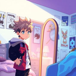 An anime-style illustration of a boy standing in front of a mirror, looking at his reflection with a curious expression