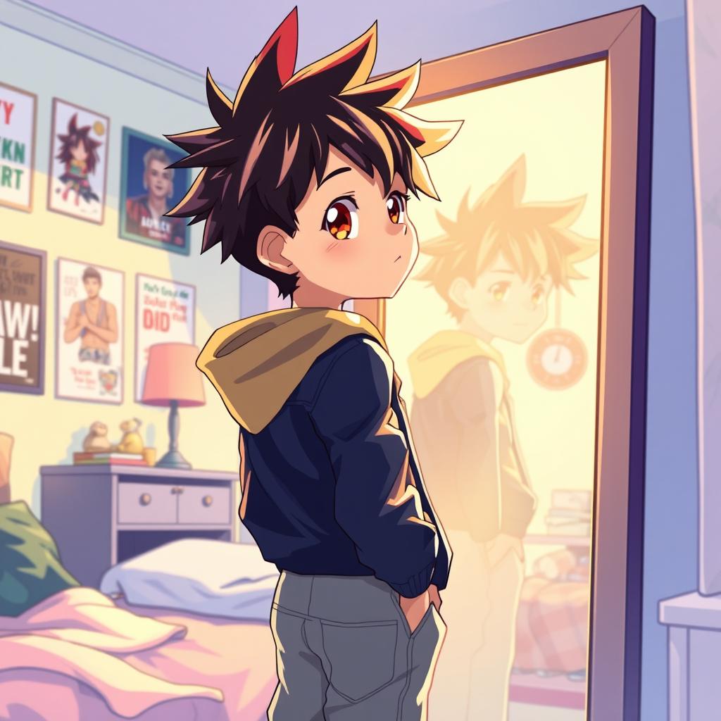 An anime-style illustration of a boy standing in front of a mirror, looking at his reflection with a curious expression