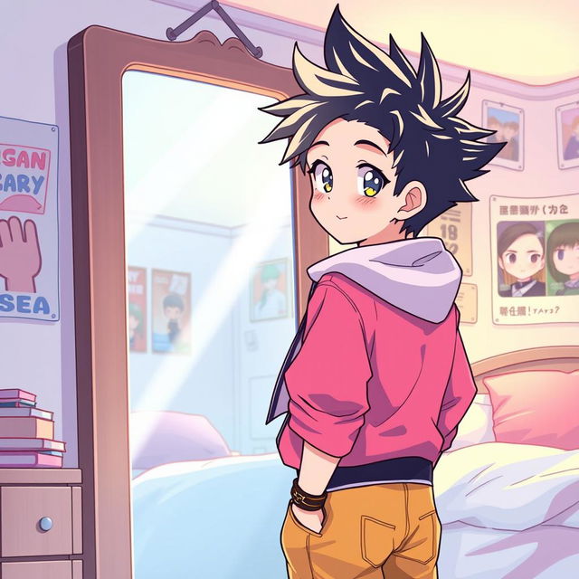 An anime-style illustration of a boy standing in front of a mirror, looking at his reflection with a curious expression