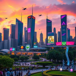 A futuristic city skyline at sunset, featuring sleek, towering skyscrapers with glass facades reflecting vibrant hues of orange, pink, and purple