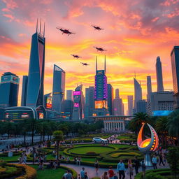A futuristic city skyline at sunset, featuring sleek, towering skyscrapers with glass facades reflecting vibrant hues of orange, pink, and purple