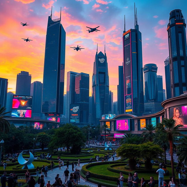 A futuristic city skyline at sunset, featuring sleek, towering skyscrapers with glass facades reflecting vibrant hues of orange, pink, and purple