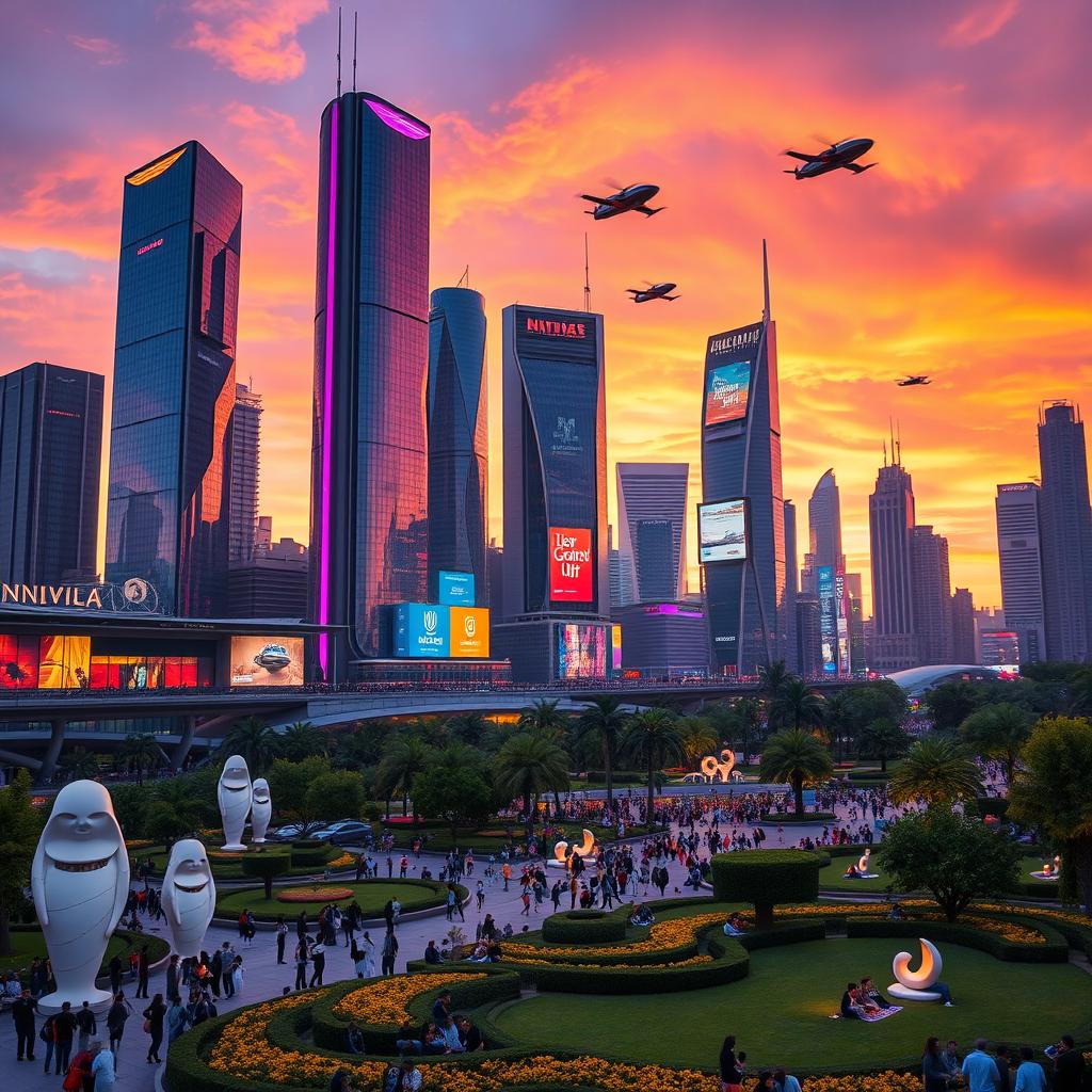 A futuristic city skyline at sunset, featuring sleek, towering skyscrapers with glass facades reflecting vibrant hues of orange, pink, and purple