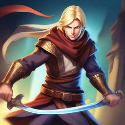 Depict a high-quality digital art image of a multi-class adventurer, a combination of a fighter, mage, and thief, with blonde hair