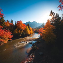 A serene forest landscape during autumn, showcasing a winding river that flows through trees adorned with vibrant fall foliage in shades of red, orange, and yellow