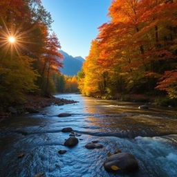 A serene forest landscape during autumn, showcasing a winding river that flows through trees adorned with vibrant fall foliage in shades of red, orange, and yellow