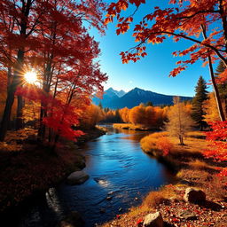 A serene forest landscape during autumn, showcasing a winding river that flows through trees adorned with vibrant fall foliage in shades of red, orange, and yellow