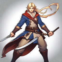 Depict a high-quality digital art image of a multi-class adventurer, a combination of a fighter, mage, and thief, with blonde hair