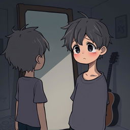 An anime-style illustration of a boy standing in front of a mirror, looking at his reflection with a sad expression on his face
