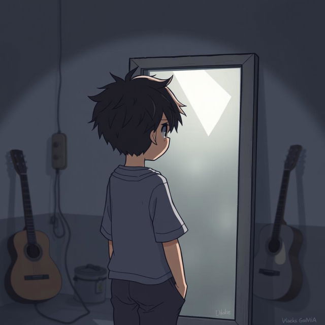 An anime-style illustration of a boy standing in front of a mirror, looking at his reflection with a sad expression on his face