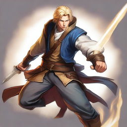 Depict a high-quality digital art image of a multi-class adventurer, a combination of a fighter, mage, and thief, with blonde hair