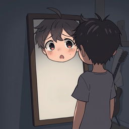 An anime-style illustration of a boy standing in front of a mirror, looking at his reflection with a sad expression on his face