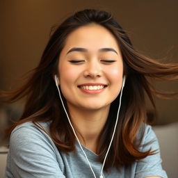 A young woman with open, flowing hair, sitting peacefully while listening to music through earphones