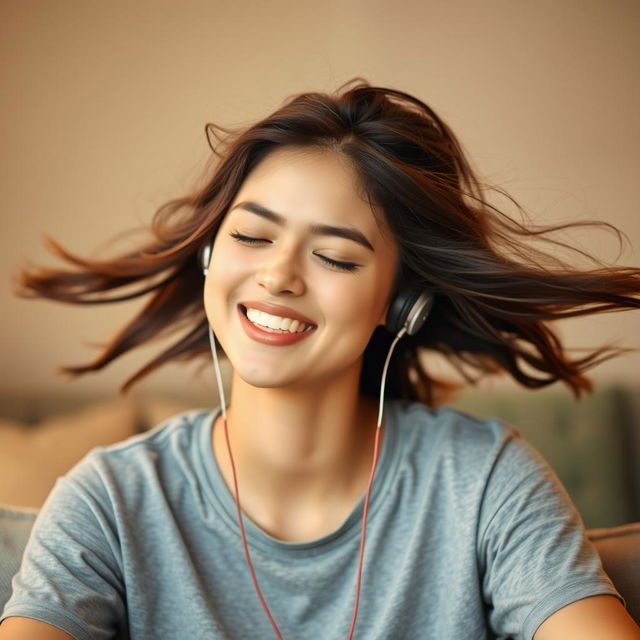 A young woman with open, flowing hair, sitting peacefully while listening to music through earphones