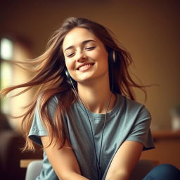A young woman with open, flowing hair, sitting peacefully while listening to music through earphones