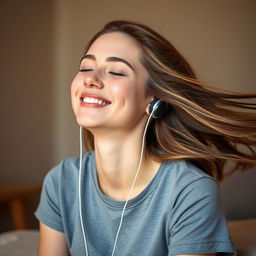 A young woman with open, flowing hair, sitting peacefully while listening to music through earphones